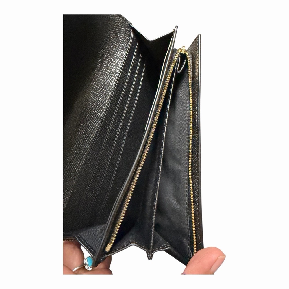 Coach Slim Black Crossgrain Leather Envelope Clutch Wallet Gold Logo - Picture 5 of 11